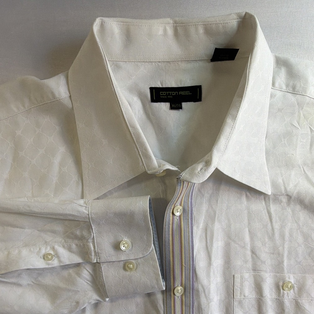 Cotton Reel Men's Big & Tall XL/TG 17 34/35 White Jacquard Cotton Dress Shirt